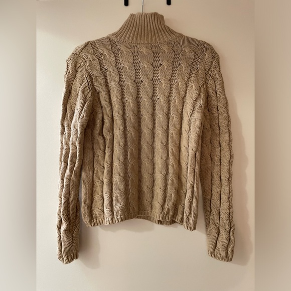 L.L Bean Tan Beige Cable Knit Turtle Neck Sweater Size XS - Picture 2 of 5